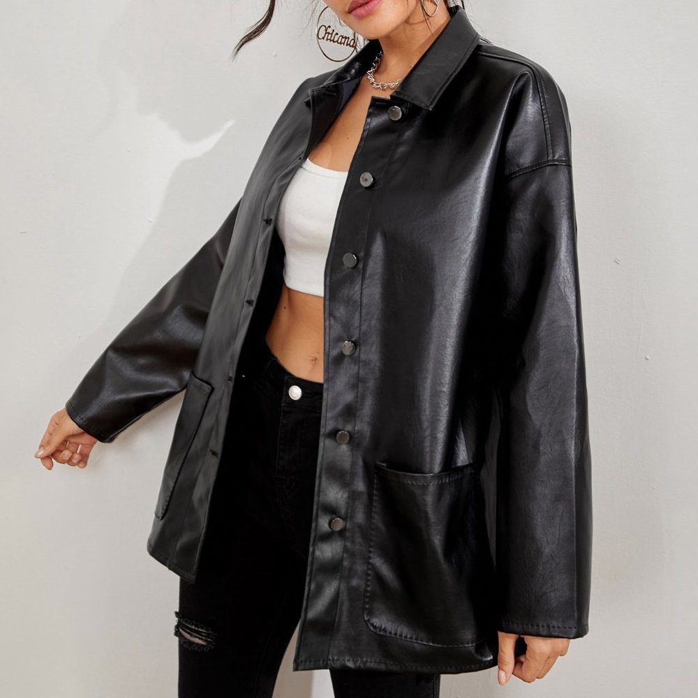 New Button Front Drop Shoulder PU Leather Coat black